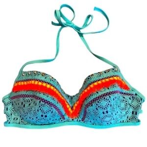 🆕 Shade & ShoreWomen's Crochet Halter Bikini Top - Turquoise and Orange! 💥